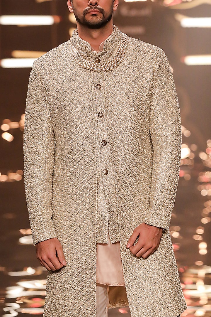 Gold Tissue Salli Embellished Layered Groom Sherwani by Kunal Rawal at Pernia's Pop Up Shop