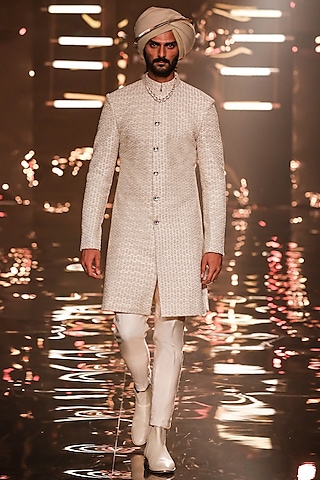 Vanilla Blended Silk Thread Work Sherwani by Kunal Rawal