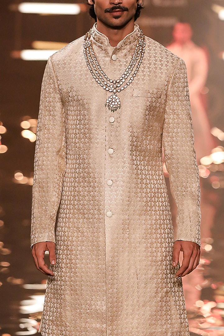 Beige Silk Groom Sherwani by Kunal Rawal at Pernia's Pop Up Shop