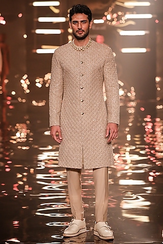 Mushroom Linen Satin French Knot Embellished Sherwani by Kunal Rawal