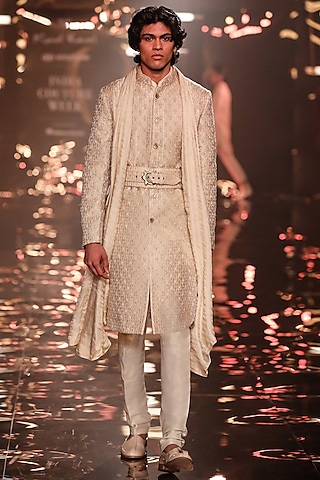 Beige Silk Thread Work Sherwani by Kunal Rawal