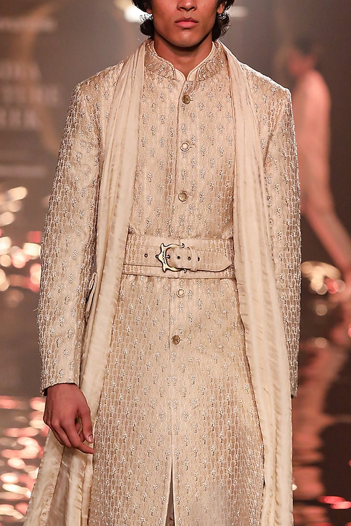 Beige Silk Thread Work Groom Sherwani by Kunal Rawal at Pernia's Pop Up Shop