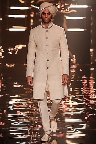 Vanilla Suiting Floral Thread Work Sherwani by Kunal Rawal