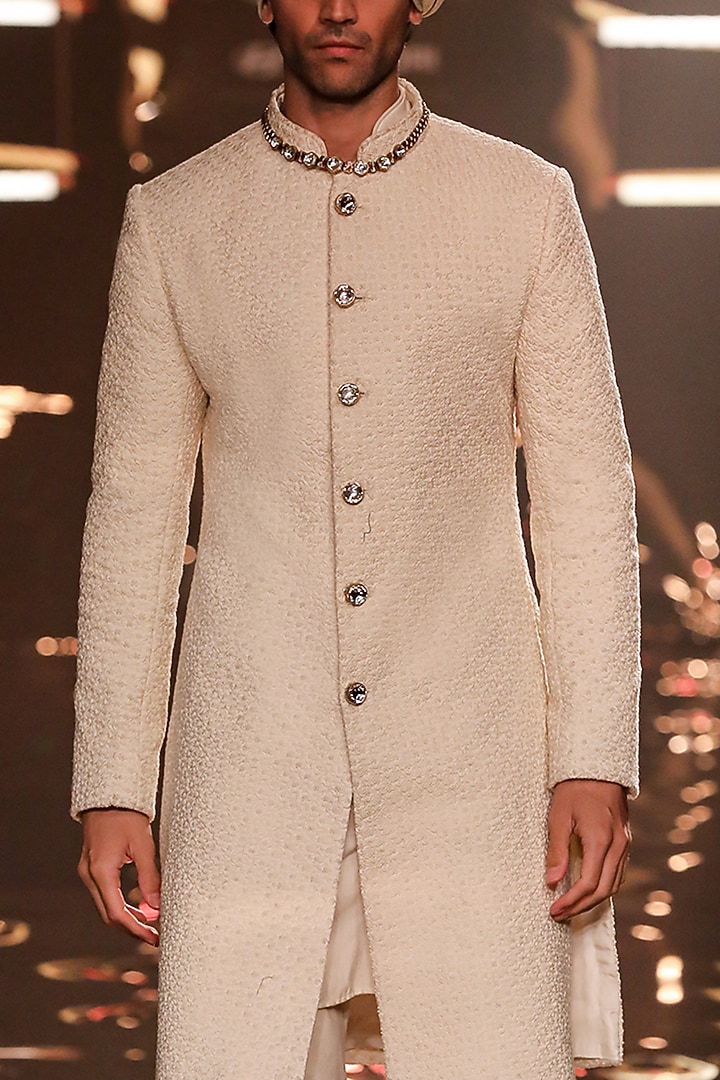 Vanilla Suiting Floral Thread Work Groom Sherwani by Kunal Rawal at Pernia's Pop Up Shop
