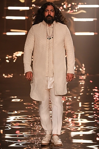 Vanilla Suiting French Knot Embroidered Layered Sherwani by Kunal Rawal