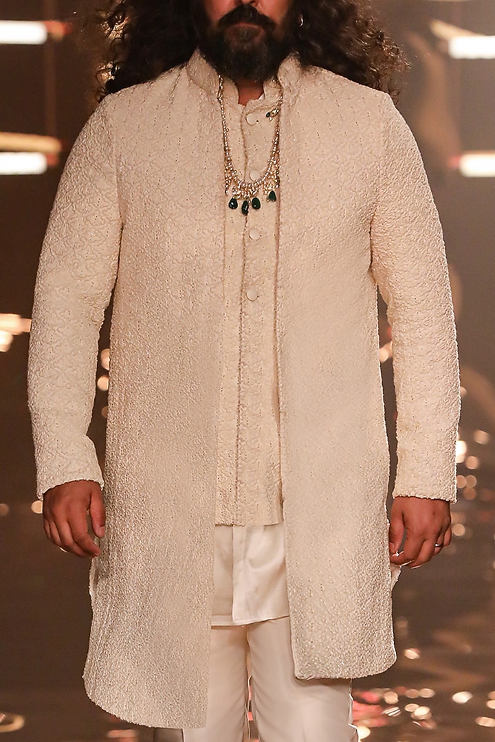 Vanilla Suiting French Knot Embroidered Layered Groom Sherwani by Kunal Rawal at Pernia's Pop Up Shop