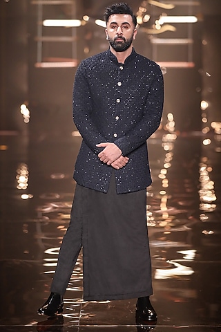 Navy Blue Linen Satin Short Sherwani by Kunal Rawal