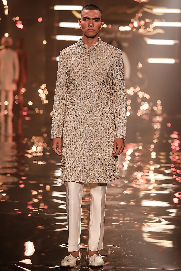 Beige & Gold Suiting Embroidered Sherwani by Kunal Rawal
