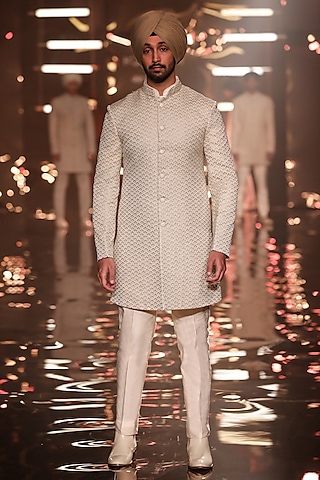 Vanilla Blended Silk Thread Work Sherwani by Kunal Rawal