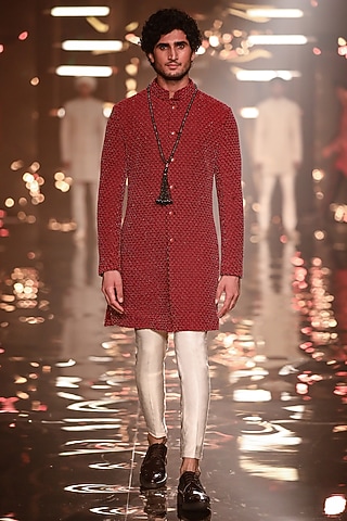 Rustic Red Blended Silk Sherwani by Kunal Rawal