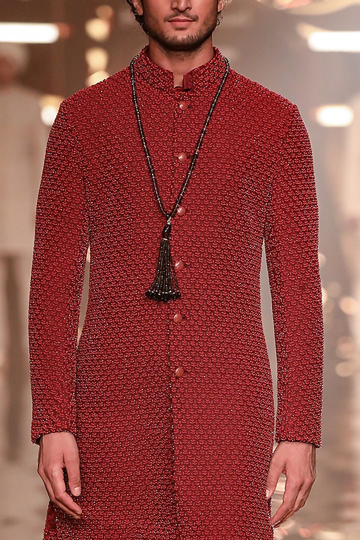 Rustic Red Blended Silk Groom Sherwani by Kunal Rawal at Pernia's Pop Up Shop