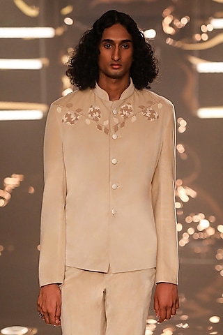 Light Beige Velvet Patch Work Bandhgala by Kunal Rawal
