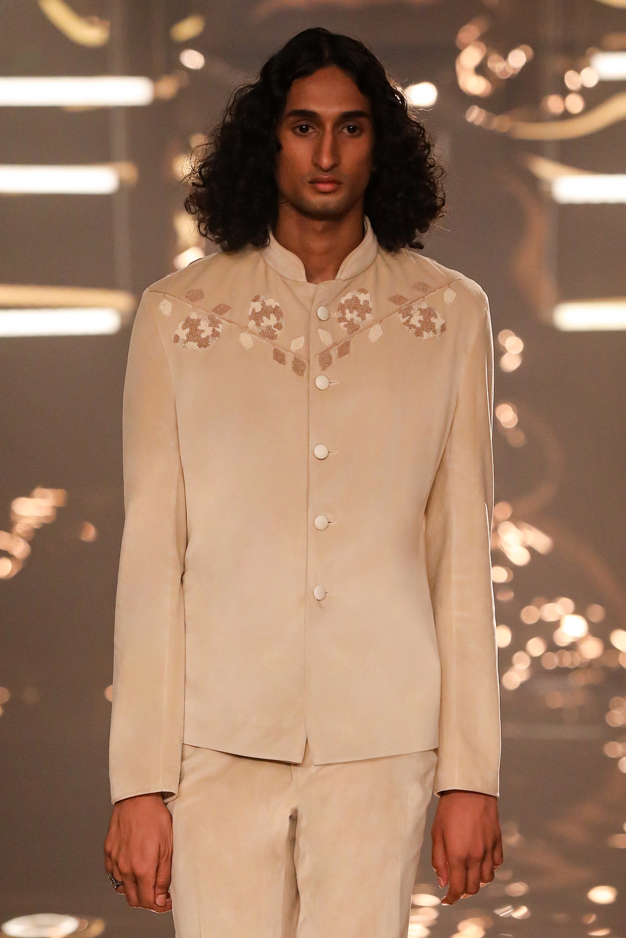 Light Beige Velvet Patch Work Bandhgala by Kunal Rawal at Pernia's