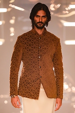 Tan Velvet Bandhgala by Kunal Rawal