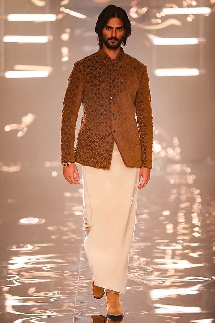 Tan Velvet Groom Bandhgala by Kunal Rawal at Pernia's Pop Up Shop