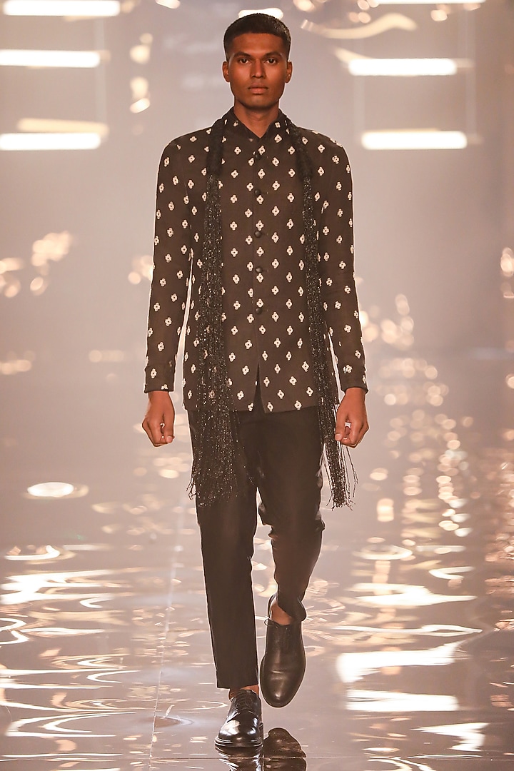 Midnight Navy Linen Satin Floral Thread Work Groom Bandhgala by Kunal Rawal at Pernia's Pop Up Shop