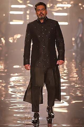 Black Silk Motif Embroidered Bandhgala by Kunal Rawal