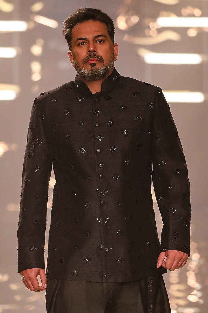 Black Silk Motif Embroidered Groom Bandhgala by Kunal Rawal at Pernia's Pop Up Shop