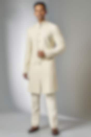 White Suiting Embroidered Sherwani Set by Kunal Rawal