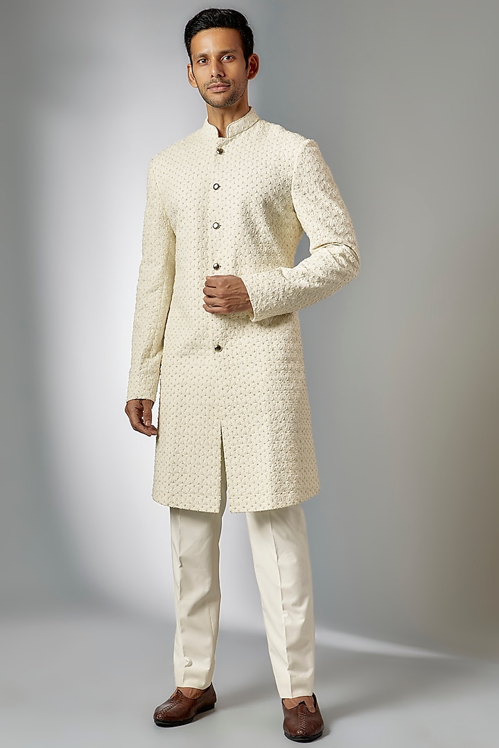 White Suiting Embroidered Sherwani Set by Kunal Rawal