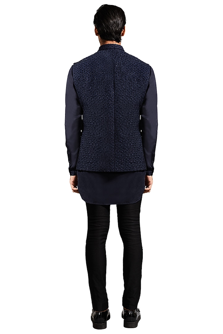 Navy Blue Suiting Hand Embroidered Nehru Jacket Set by Kunal Rawal at Pernia's Pop Up Shop