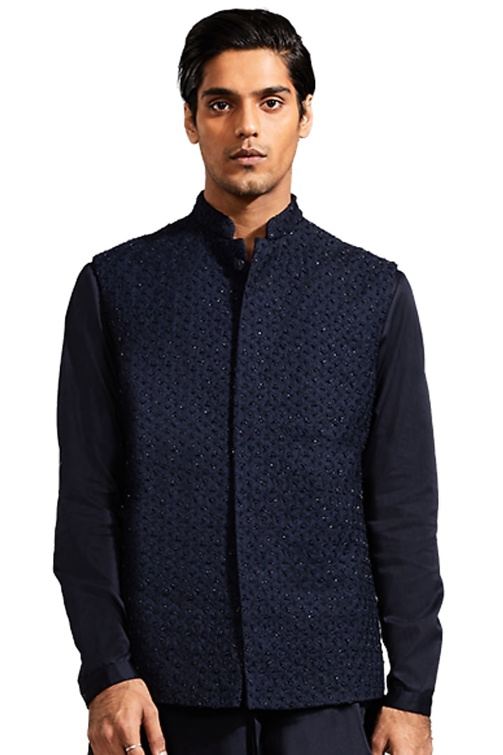 Navy Blue Suiting Hand Embroidered Nehru Jacket Set by Kunal Rawal at Pernia's Pop Up Shop