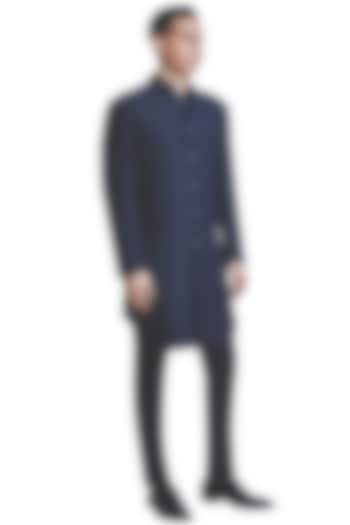 Navy Blue Suiting Hand Embroidered Sherwani Set by Kunal Rawal