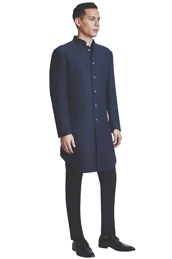 Navy Blue Suiting Hand Embroidered Sherwani Set by Kunal Rawal