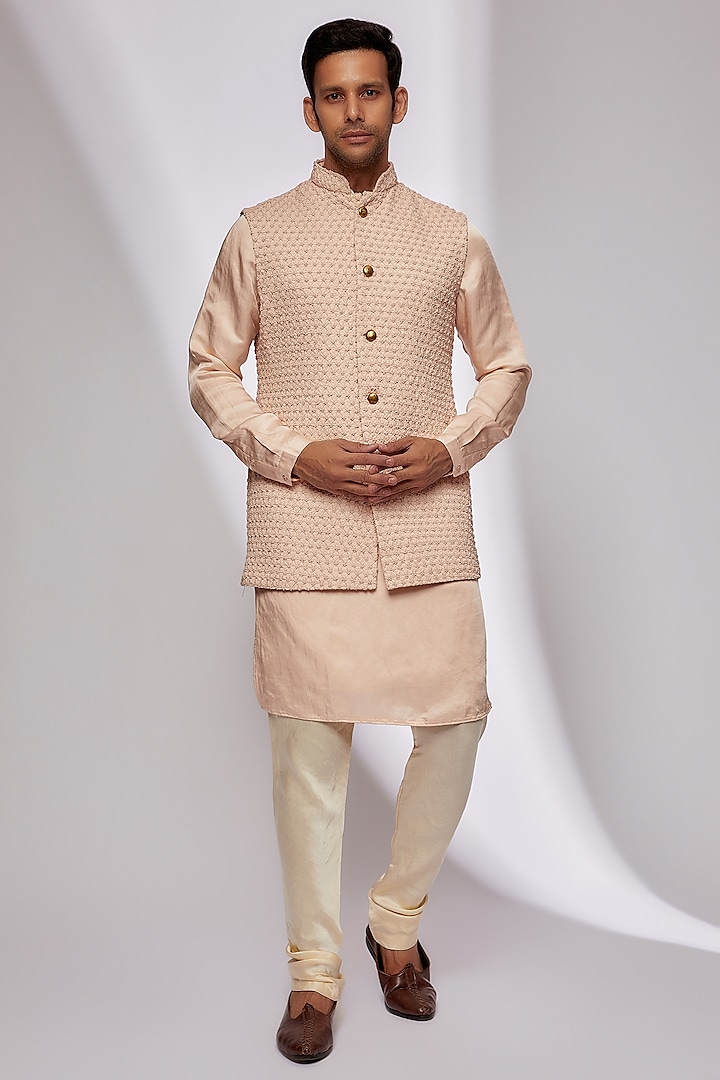 Blush Pink Suiting Embroidered Nehru Jacket Set by Kunal Rawal
