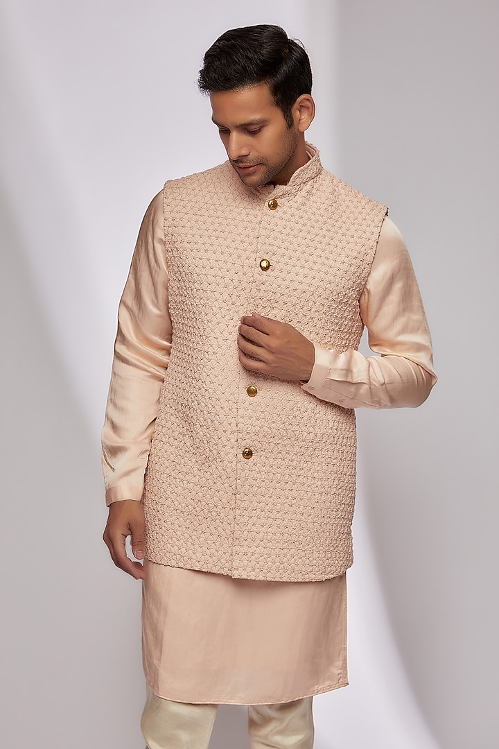 Blush Pink Suiting Embroidered Nehru Jacket Set by Kunal Rawal at Pernia's Pop Up Shop