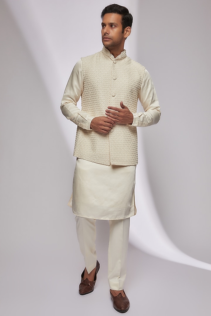 Vanilla Embroidered Nehru Jacket Set by Kunal Rawal