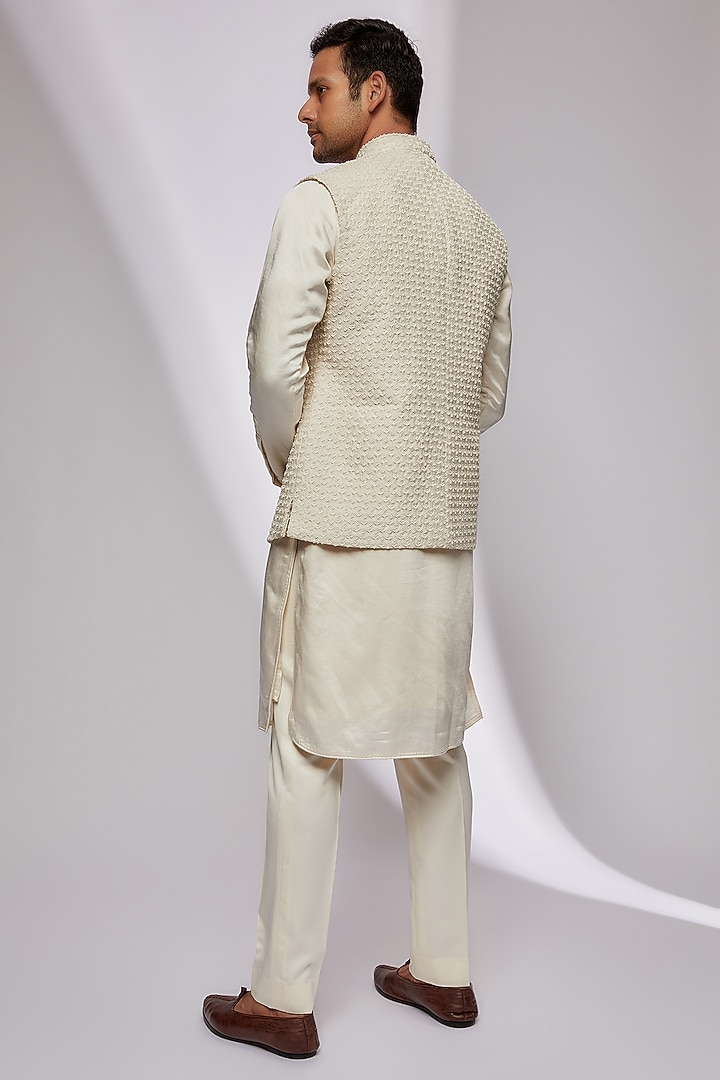 Vanilla White Plant Fabric Embroidered Nehru Jacket Set by Kunal Rawal at Pernia's Pop Up Shop