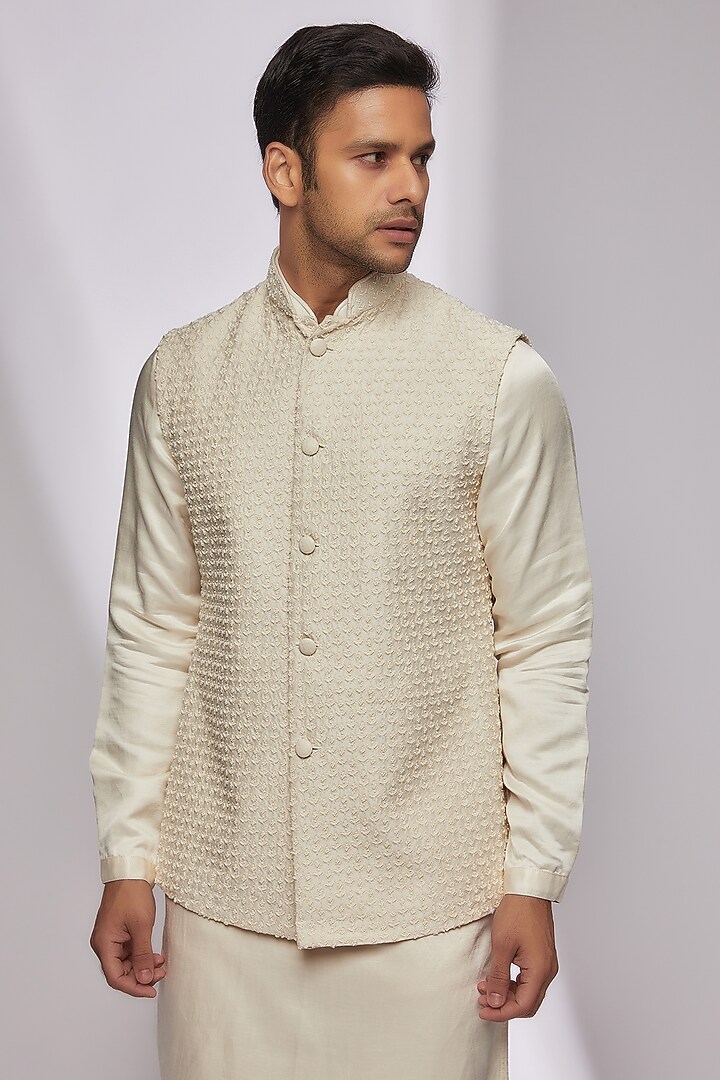 Vanilla White Plant Fabric Embroidered Nehru Jacket Set by Kunal Rawal at Pernia's Pop Up Shop