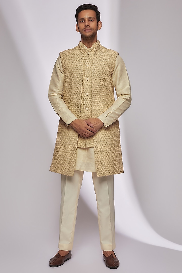 Dull Gold Suiting Embroidered Indo Western Set by Kunal Rawal