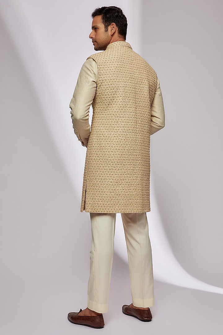 Dull Gold Suiting Embroidered Groom Indowestern Set by Kunal Rawal at Pernia's Pop Up Shop