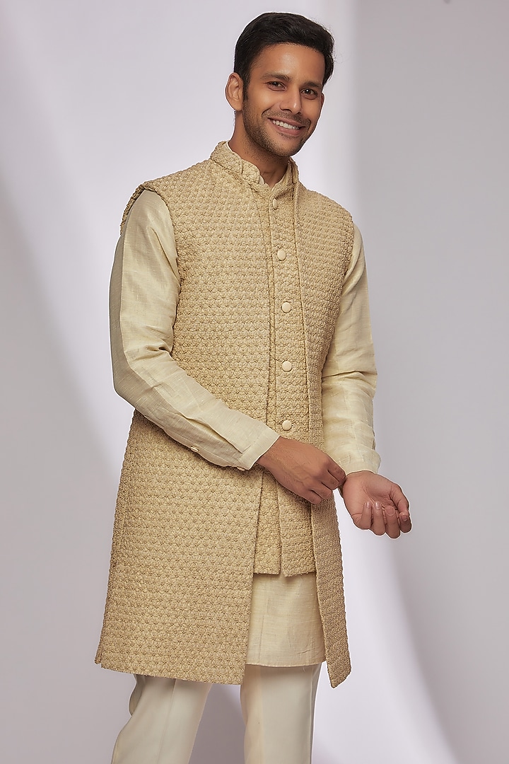 Dull Gold Suiting Embroidered Groom Indowestern Set by Kunal Rawal at Pernia's Pop Up Shop