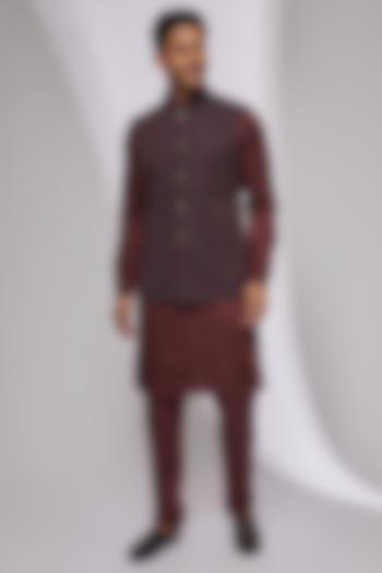 Navy Blue & Wine Suiting Embroidered Nehru Jacket Set by Kunal Rawal