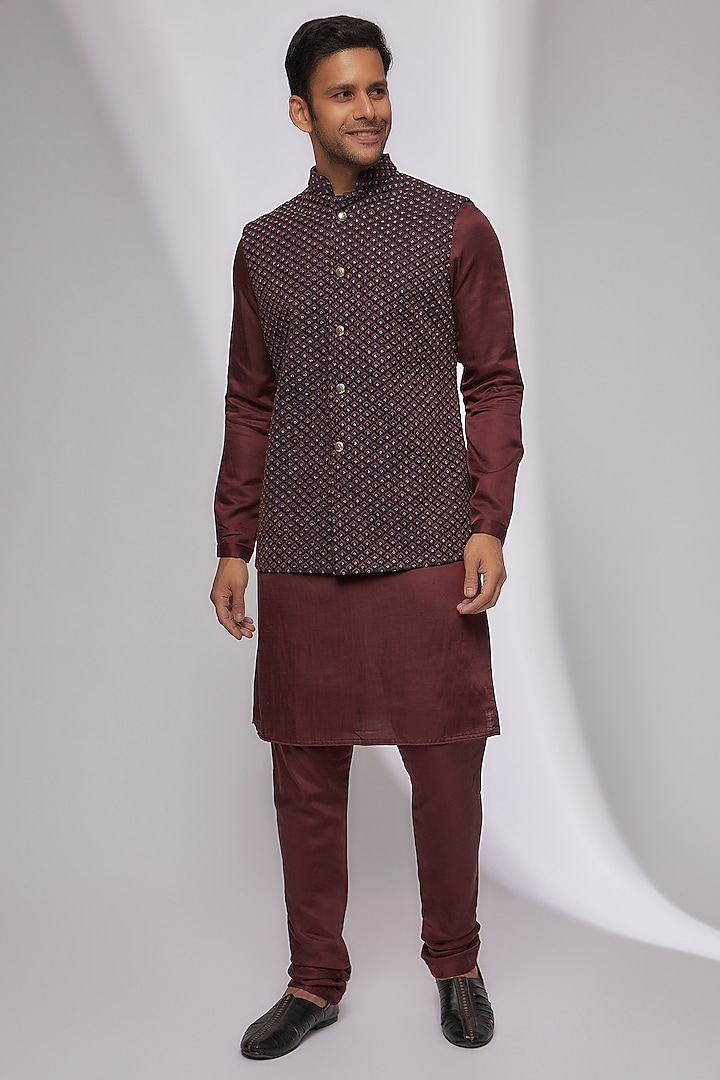 Navy Blue & Wine Suiting Embroidered Nehru Jacket Set by Kunal Rawal