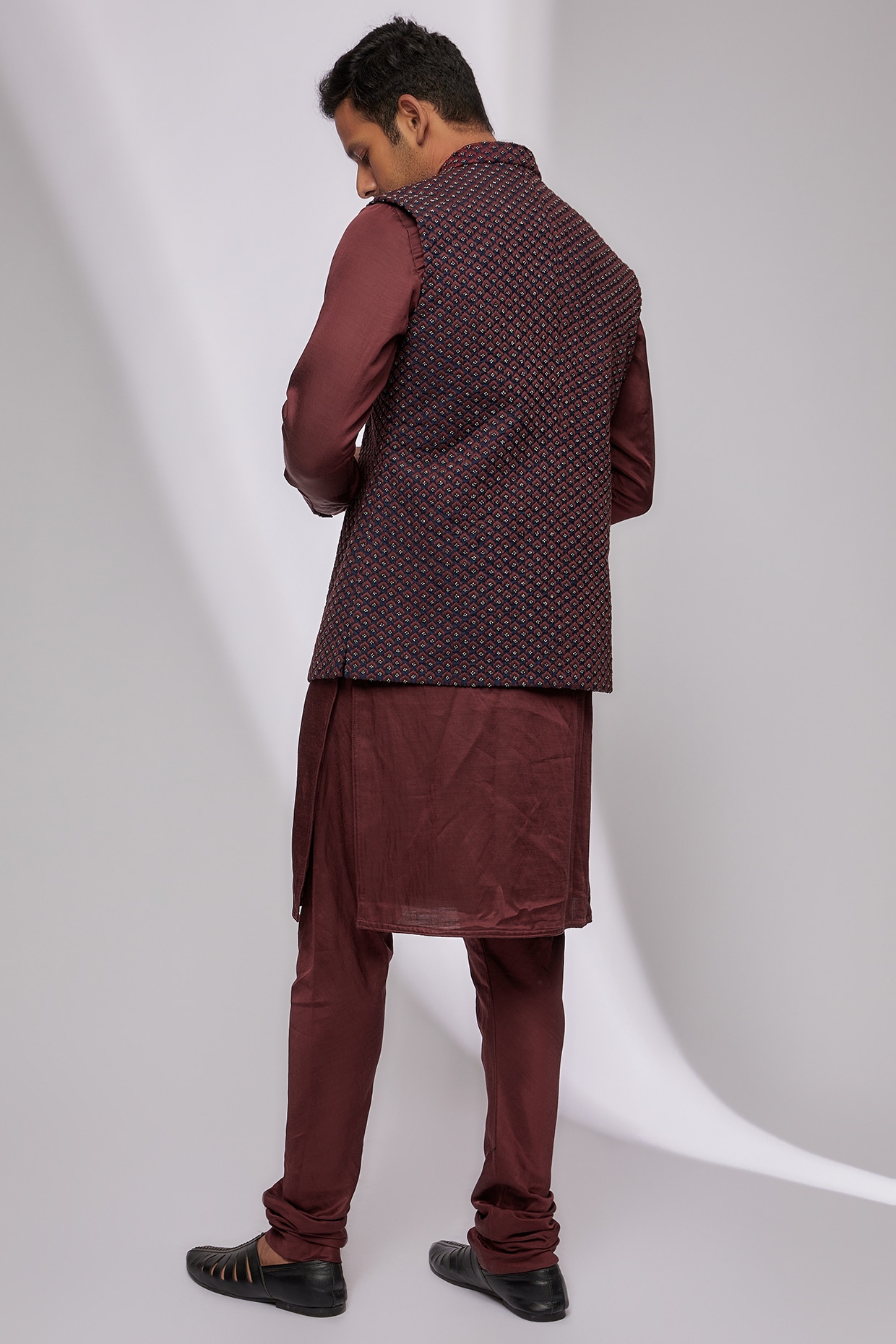 Wine Maroon Nehru Jacket And Kurta Set In Linen Silk With Resham Embro –  paanericlothing