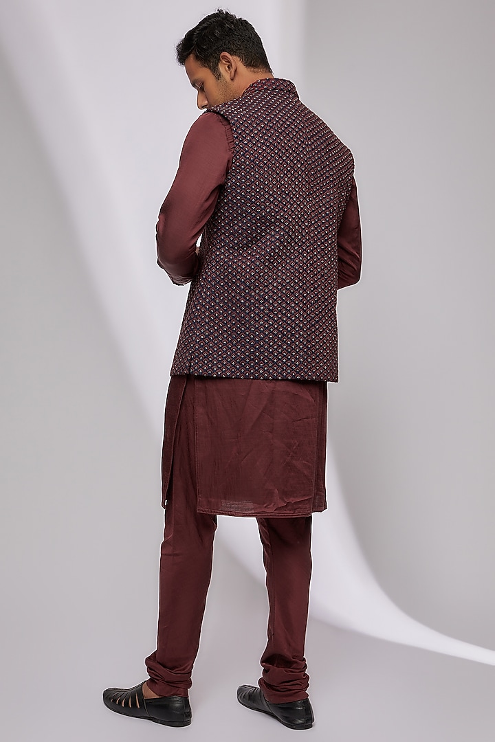 Navy Blue & Wine Suiting Embroidered Nehru Jacket Set by Kunal Rawal at Pernia's Pop Up Shop