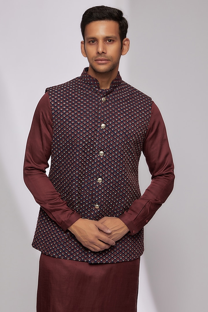 Navy Blue & Wine Suiting Embroidered Nehru Jacket Set by Kunal Rawal at Pernia's Pop Up Shop