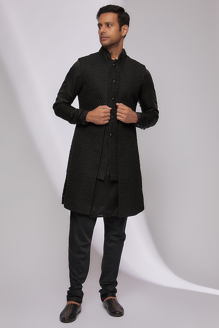 Black Suiting Embroidered Indo Western Set by Kunal Rawal