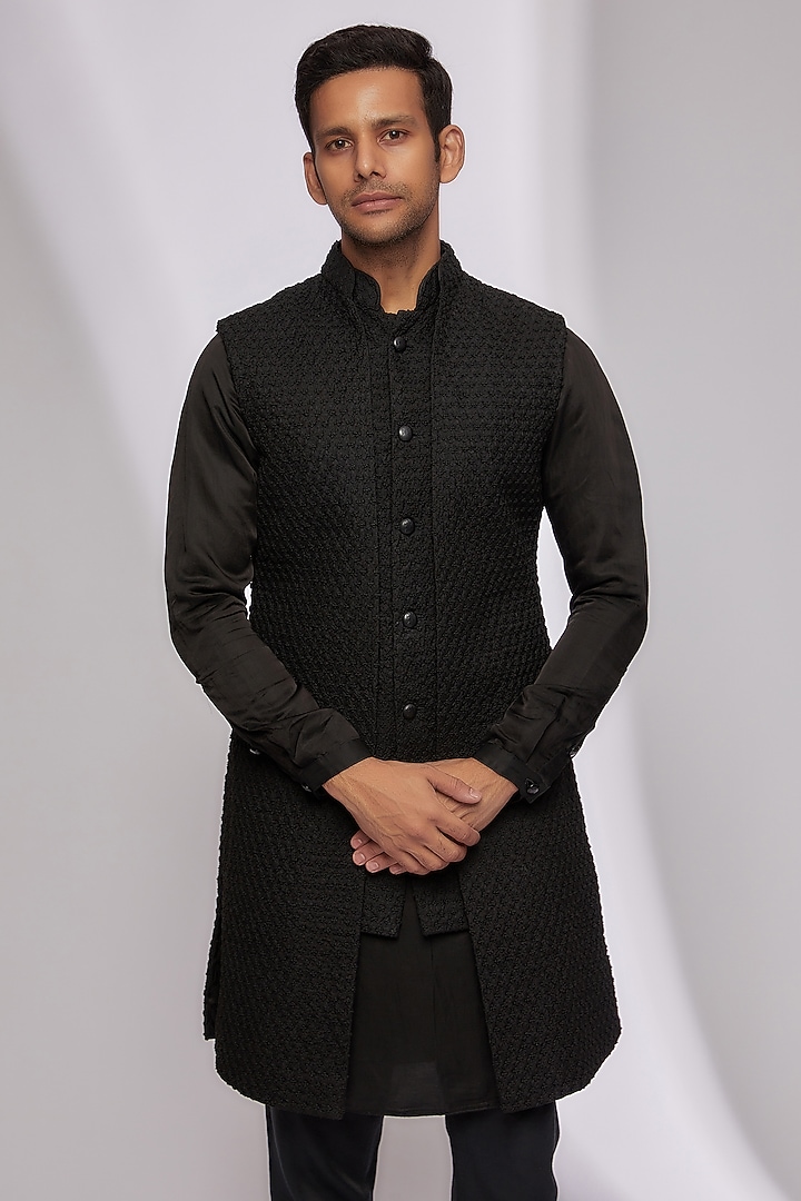Black Suiting Embroidered Groom Indowestern Set by Kunal Rawal at Pernia's Pop Up Shop