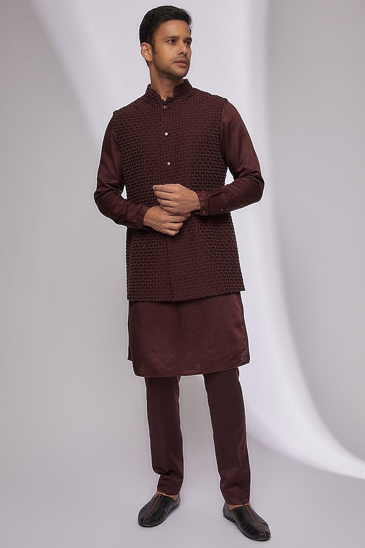 Wine Plant Fabric Embroidered Nehru Jacket Set by Kunal Rawal