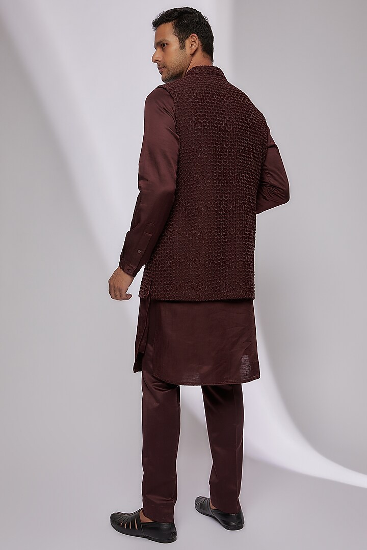 Wine Plant Fabric Embroidered Nehru Jacket Set by Kunal Rawal at Pernia's Pop Up Shop