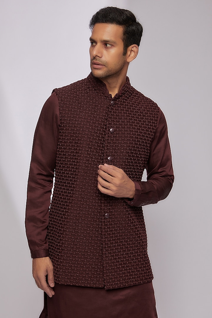 Wine Plant Fabric Embroidered Nehru Jacket Set by Kunal Rawal at Pernia's Pop Up Shop