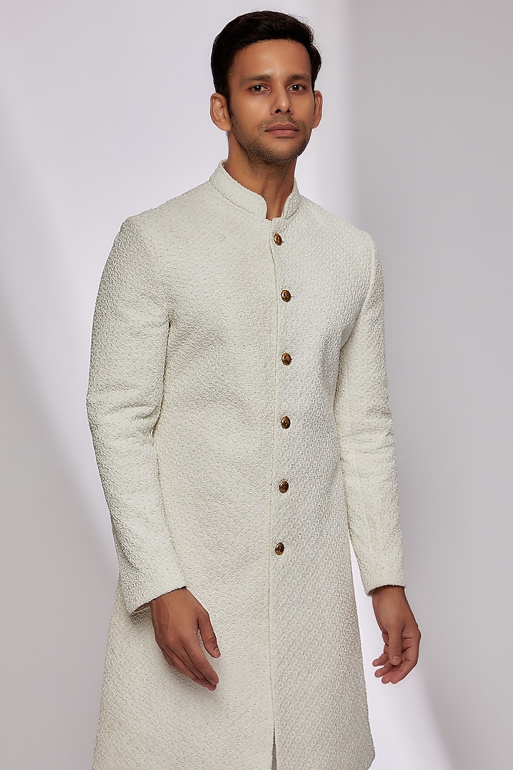 Vanilla White Suiting Embroidered Groom Sherwani Set by Kunal Rawal at Pernia's Pop Up Shop