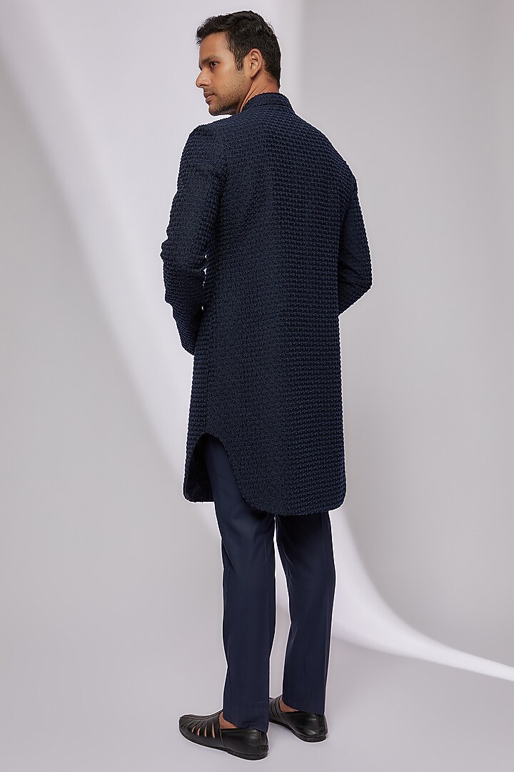 Navy Blue Plant Fabric Embroidered Groom Sherwani Set by Kunal Rawal at Pernia's Pop Up Shop