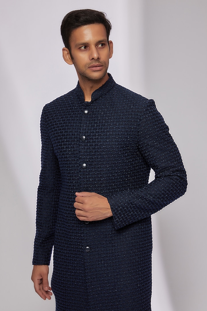 Navy Blue Plant Fabric Embroidered Groom Sherwani Set by Kunal Rawal at Pernia's Pop Up Shop