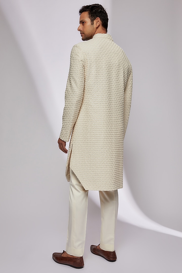 Vanilla White Plant Fabric Embroidered Groom Sherwani Set by Kunal Rawal at Pernia's Pop Up Shop